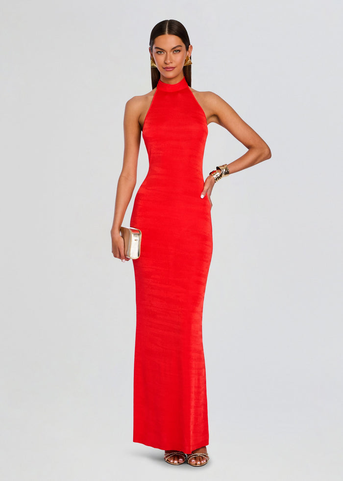 Full-length red Lucky Maxi Dress with a halter neckline and sleek fitted silhouette media 1 of 5
