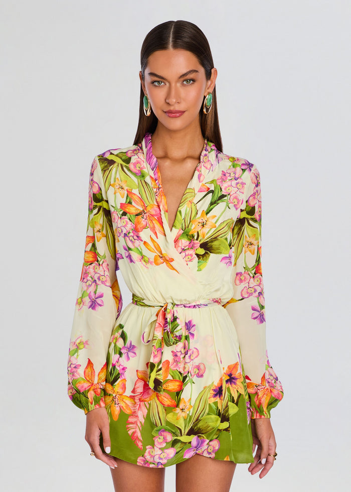 Front view of a model wearing a Dio Mini Dress with Detachable Belt in a bright tropical floral print with wrap front and belted waist media 5 of 5