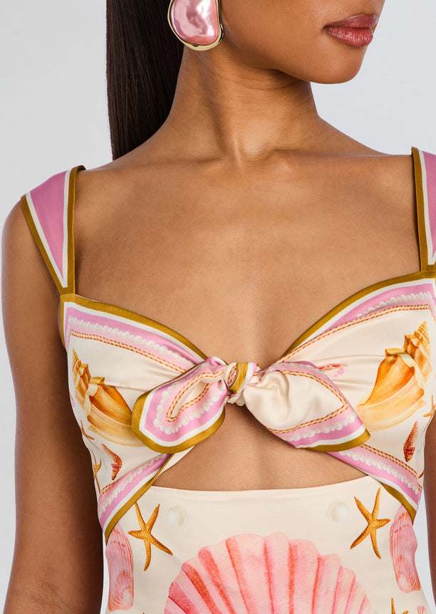 Margarie Silk Dress close up of the knot front bust detail with pink bow and seashell print