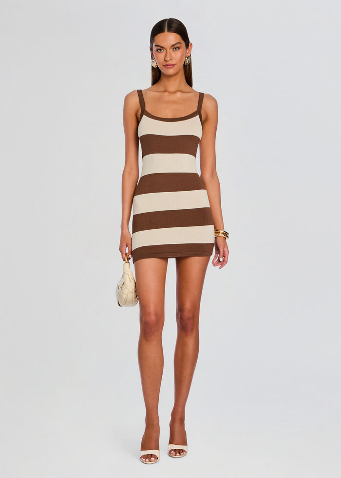Model wearing brown and cream striped Nolita Knit Mini Dress with thin straps. media 1 of 5