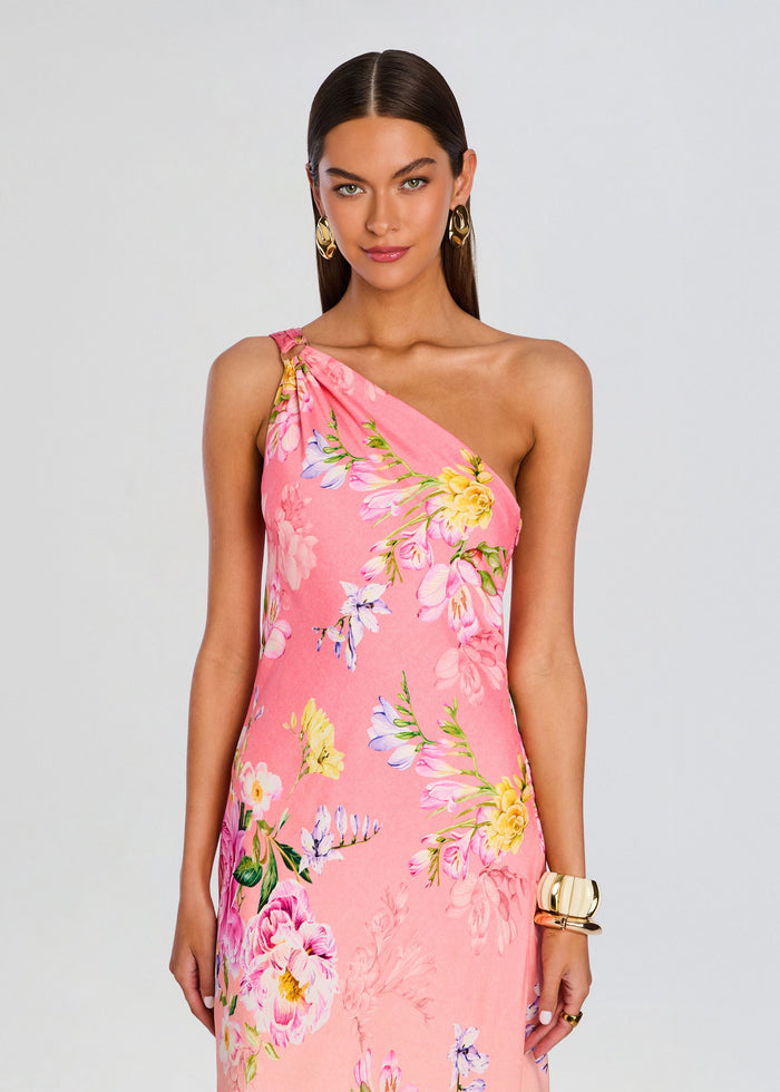 Front view of a model wearing a pink floral Avya one-shoulder maxi dress media 5 of 5