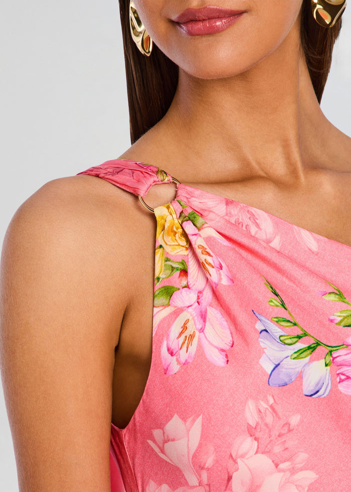 Close-up of the pink floral one-shoulder dress showing the shoulder strap and gold ring accent. media 2 of 5