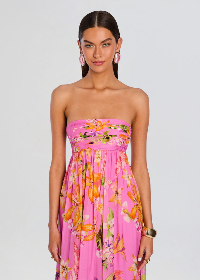 Front view of a pink strapless floral mini dress with a fitted bodice and short hem. media 5 of 5