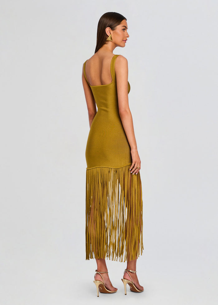 Back view of Saddler Dress in mustard knit with fringe hem and open back neckline. media 4 of 5