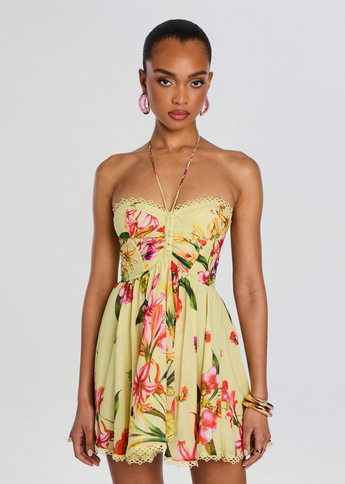 Dahlia Short Dress front close up highlighting a ruched bust and lace trim on a yellow floral mini media 5 of 5