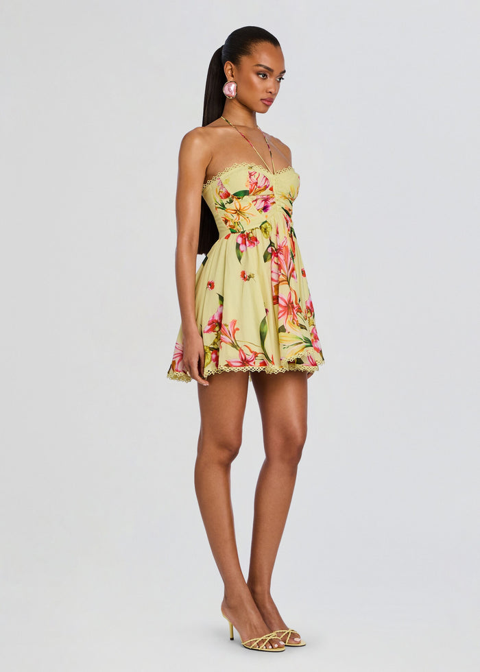 Dahlia Short Dress front view a yellow floral print mini with lace trim on the bodice and a flared skirt media 3 of 5