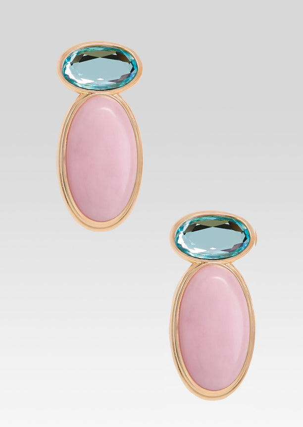 Yolanda Earring pair featuring blue oval top stones and pink oval centers set in gold