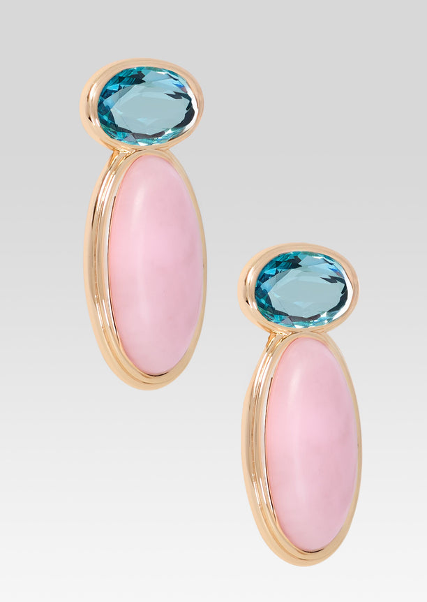 Pair of Yolanda Earrings in gold with blue oval stones above pink oval drops