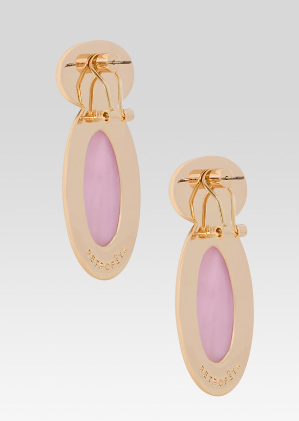Back view of Yolanda Earrings in gold showing clip back hardware and blue top stones with pink oval drops