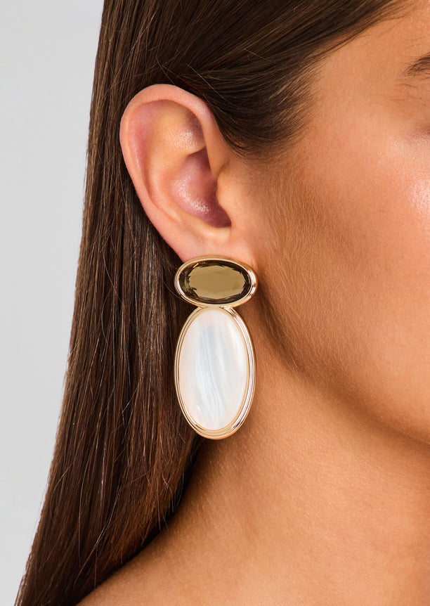 Close up of Yolanda Earring on ear showing an oval smoky brown gemstone above a large white mother of pearl drop in a rose gold setting