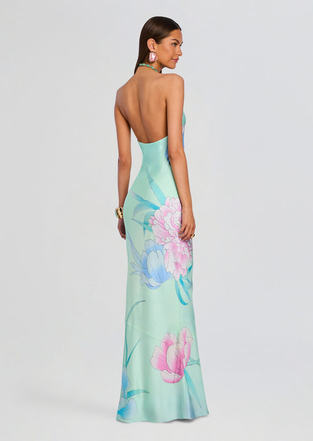 Back view of the Anat Dress showing a low back and pastel floral print