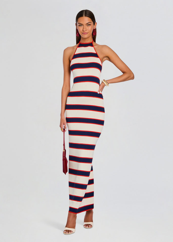 Arrabella Knit Maxi Dress cream with navy and red stripes halter neck maxi on model media 1 of 5