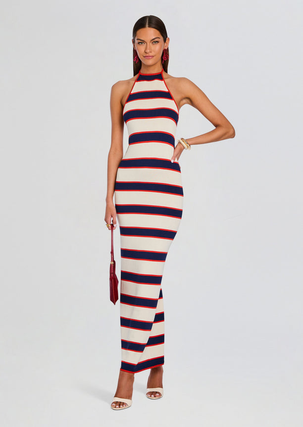 Arrabella Knit Maxi Dress cream with navy and red stripes halter neck maxi on model