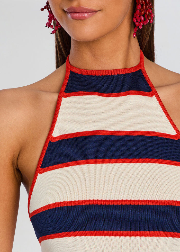 Close-up of Arrabella Knit Maxi Dress neckline with red trim and navy cream horizontal stripes media 2 of 5