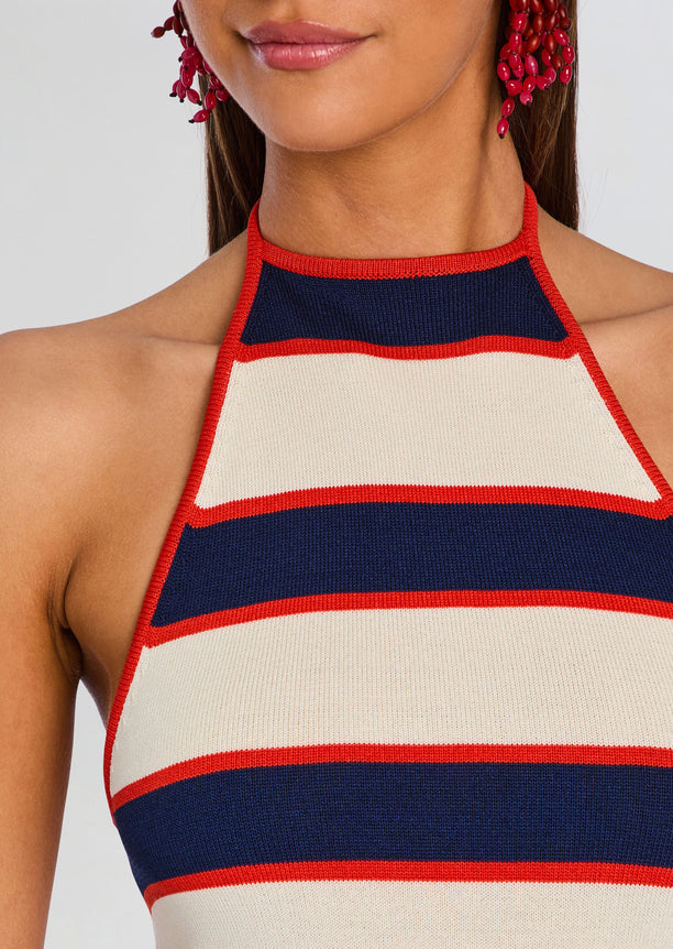 Close-up of Arrabella Knit Maxi Dress neckline with red trim and navy cream horizontal stripes
