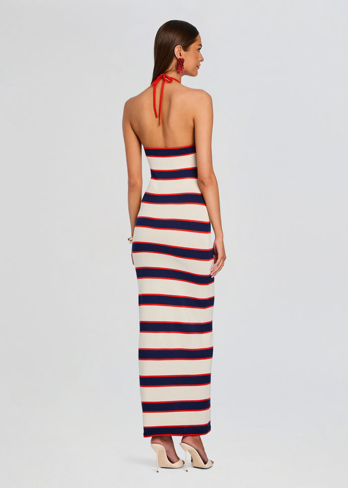 Back view of the Arrabella Knit Maxi Dress showing red navy cream stripes and a halter neck tie media 4 of 5