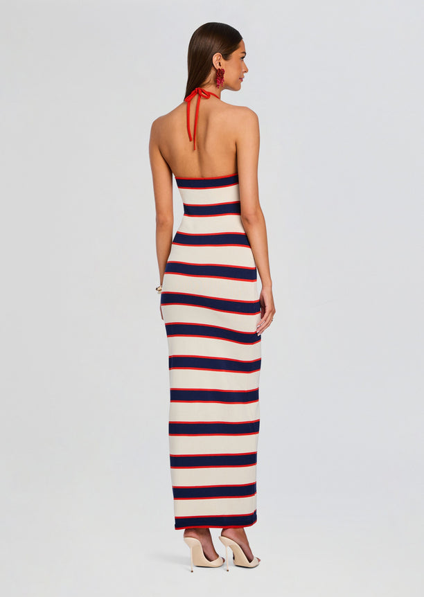 Back view of the Arrabella Knit Maxi Dress showing red navy cream stripes and a halter neck tie