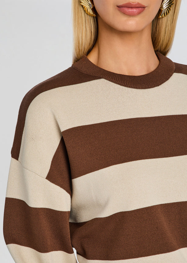 Close-up of Bryn Sweater knit showing brown and beige striped fabric.