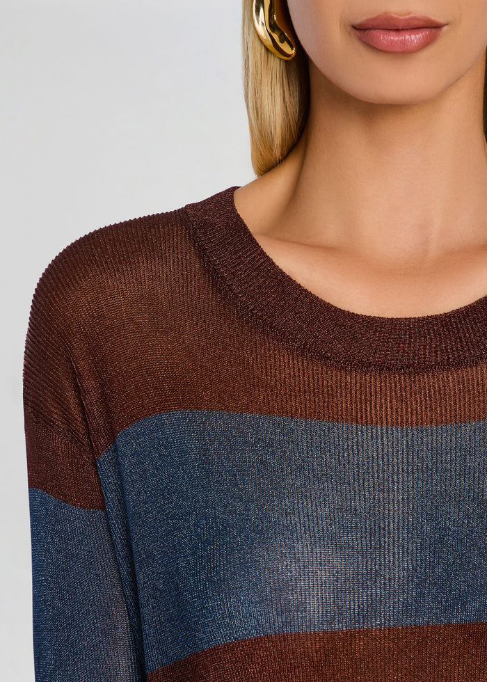 Close up of Hana Metallic Knit Top showing shimmering brown and blue stripes and knit texture at the neckline. media 3 of 5