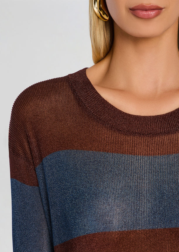 Close up of Hana Metallic Knit Top showing shimmering brown and blue stripes and knit texture at the neckline.