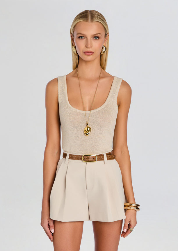Front view of Hero Tank Top on a model with subtle gold jewelry