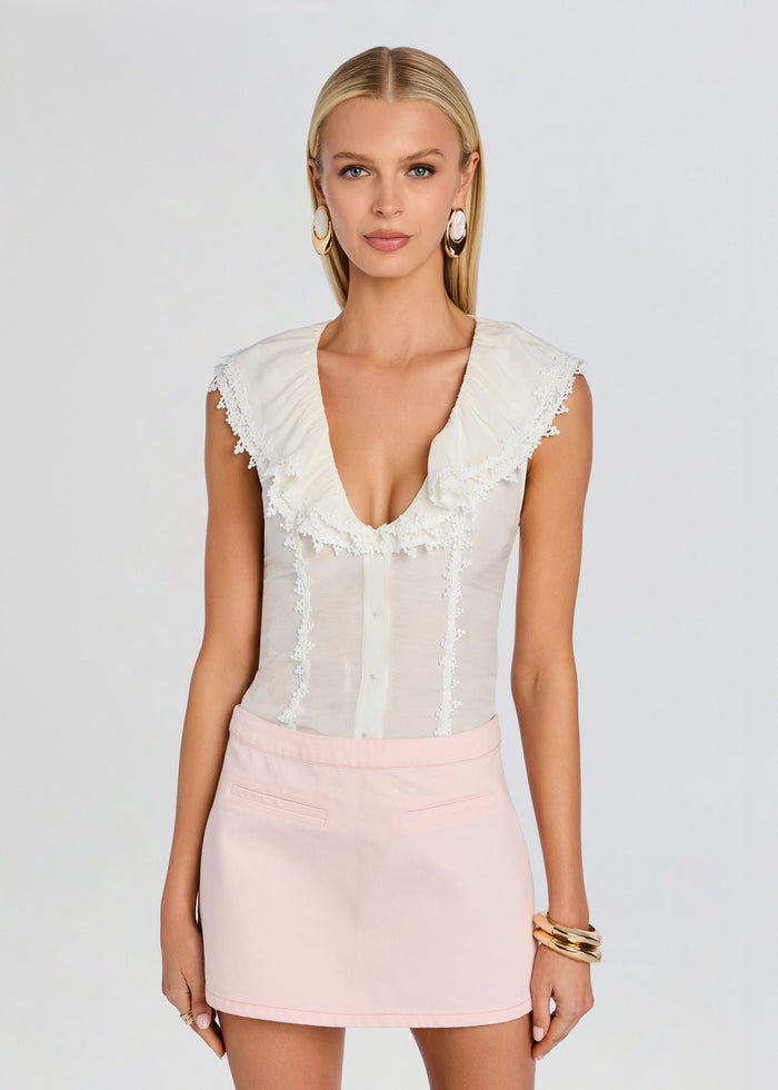 Myrth Top cream sleeveless top with large ruffled lace collar and front placket media 1 of 5