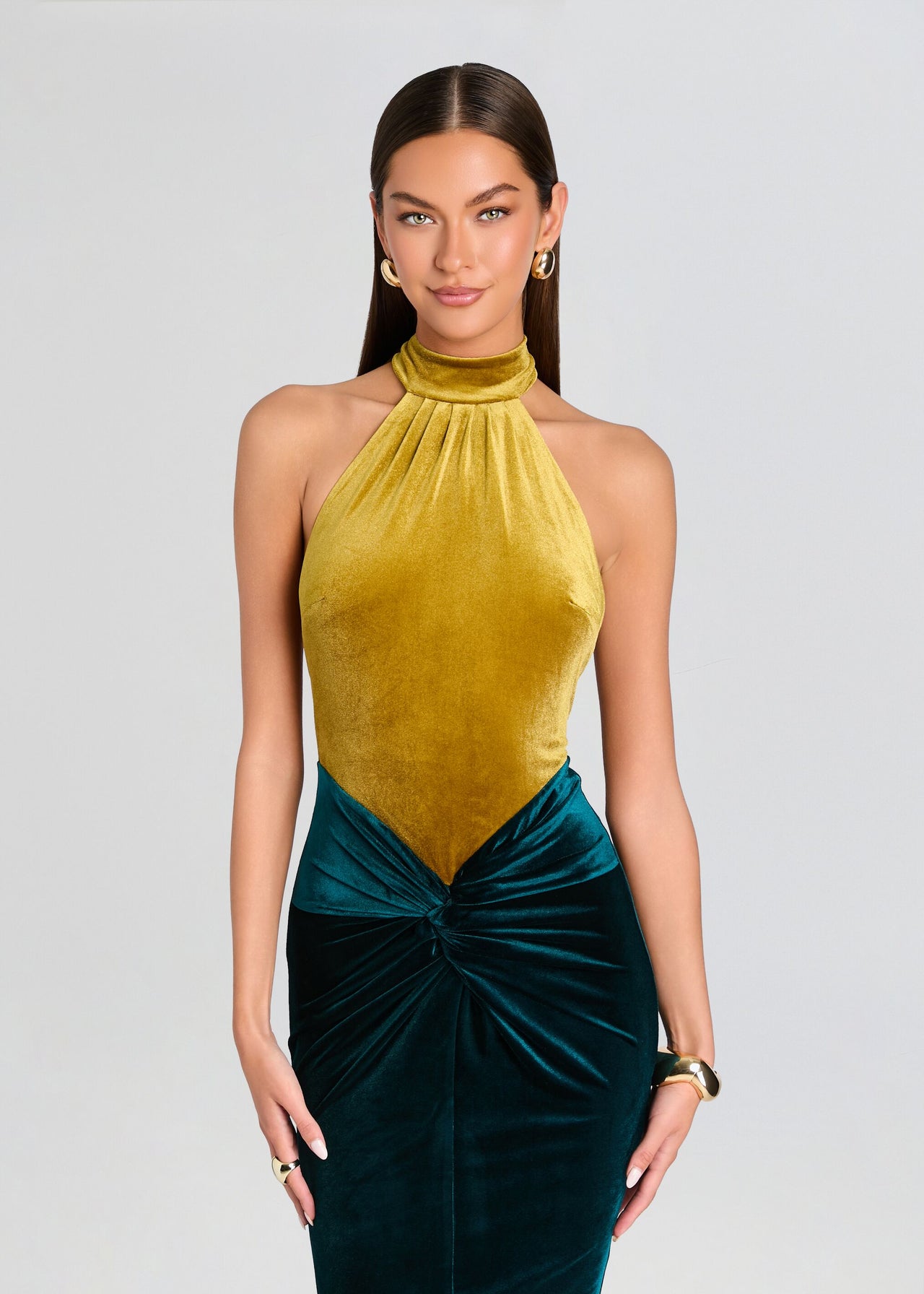 velvet gold dress retrofete Goleta in Ochre & Sarcelle long gold velvet dress