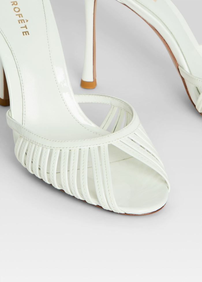 Close-up of white Allistair Sandal front with woven narrow straps and open toe media 3 of 5
