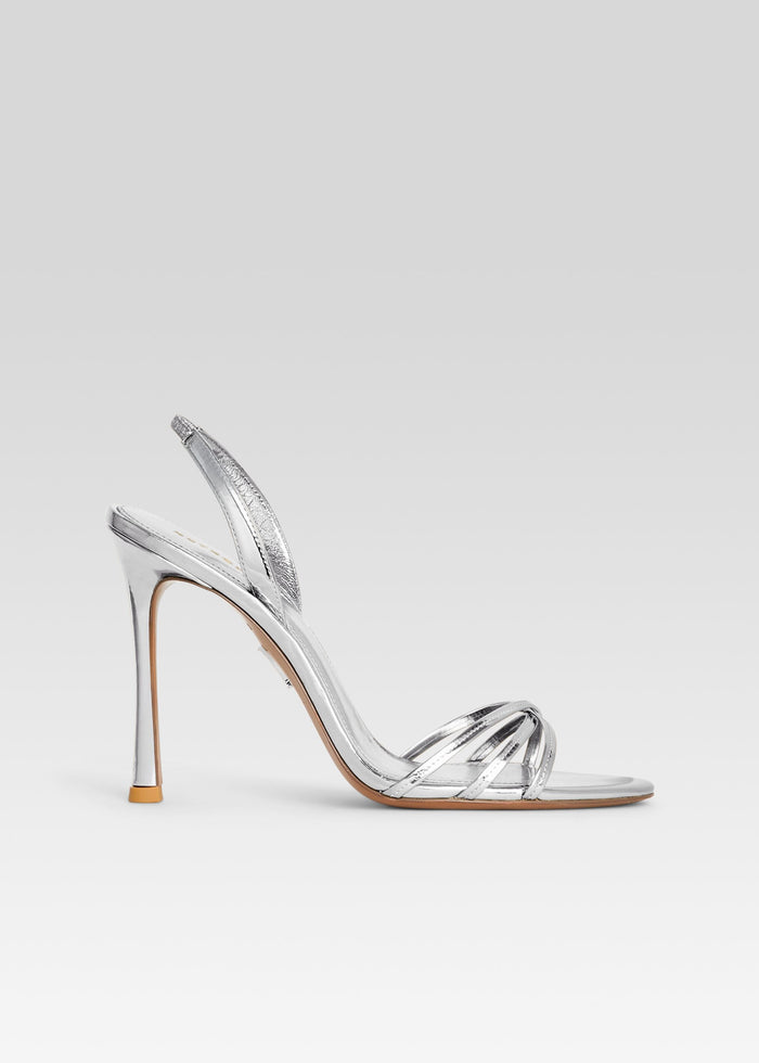 Anabel Sandal in metallic silver featuring multiple thin straps and a high stiletto heel media 1 of 5