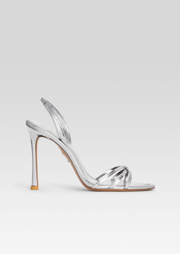 Anabel Sandal in metallic silver featuring multiple thin straps and a high stiletto heel
