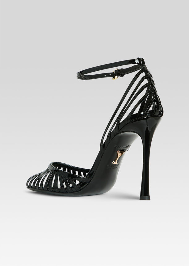 Black patent Analu sandal with a slender strappy cage and ankle strap.