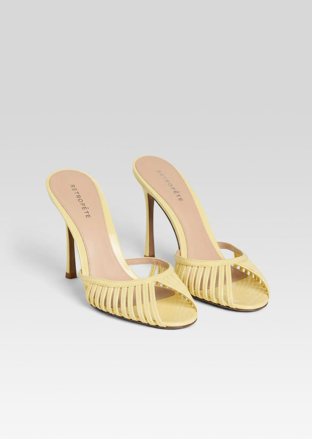 Allistair Sandal pale yellow high heel with multiple thin toe straps and open toe