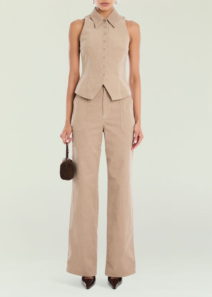 Beige Terri Corduroy Pant front view worn with a matching sleeveless top and brown handbag media 5 of 5