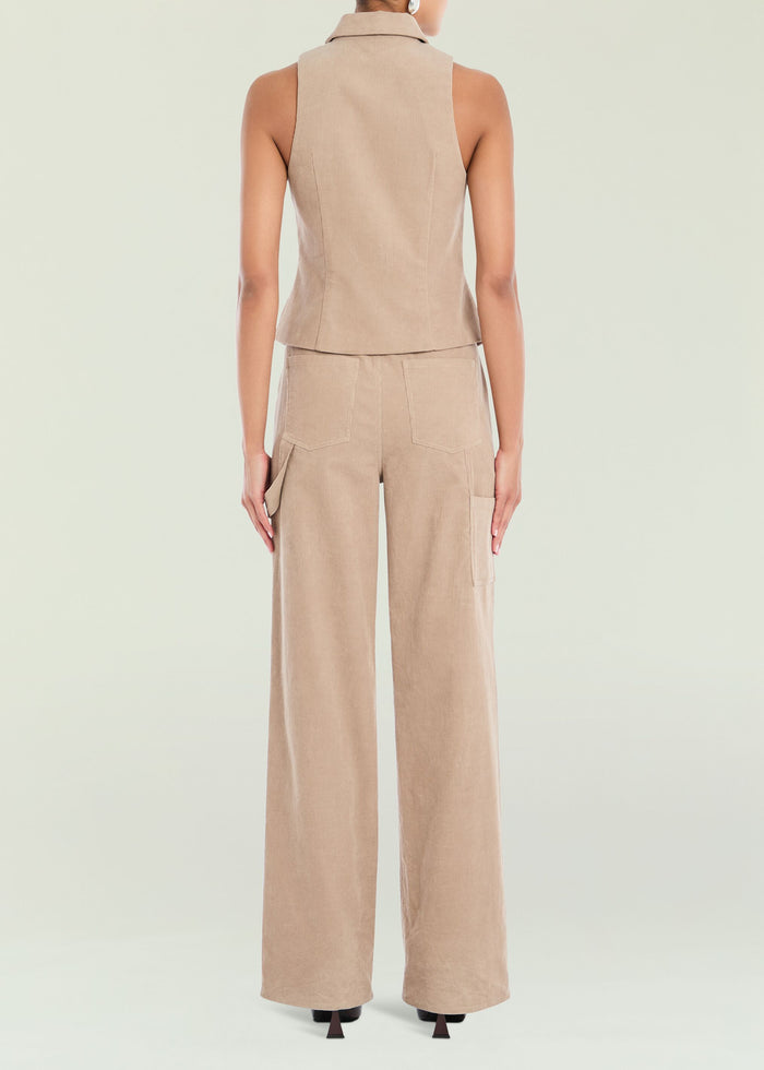 Beige Terri Corduroy Pant back view showing two pockets and wide legs media 4 of 5