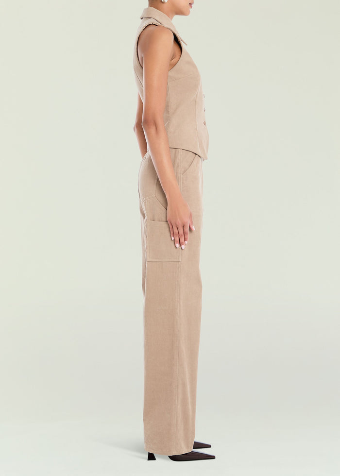 Beige Terri Corduroy Pant side profile with a wide leg and cargo pocket media 3 of 5