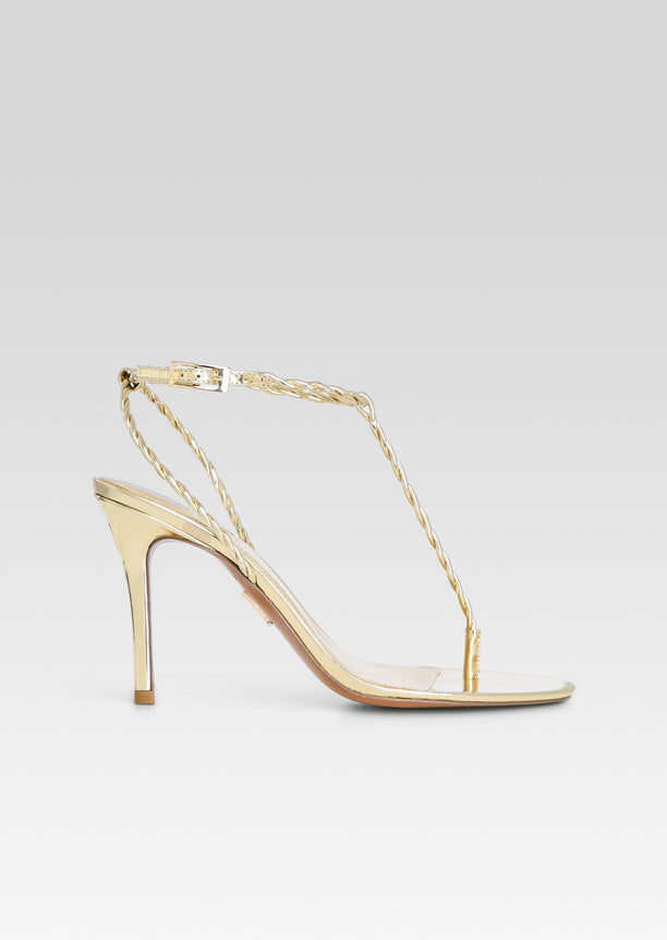Cleo Sandal gold braided ankle strap sandal with toe thong and slender heel
