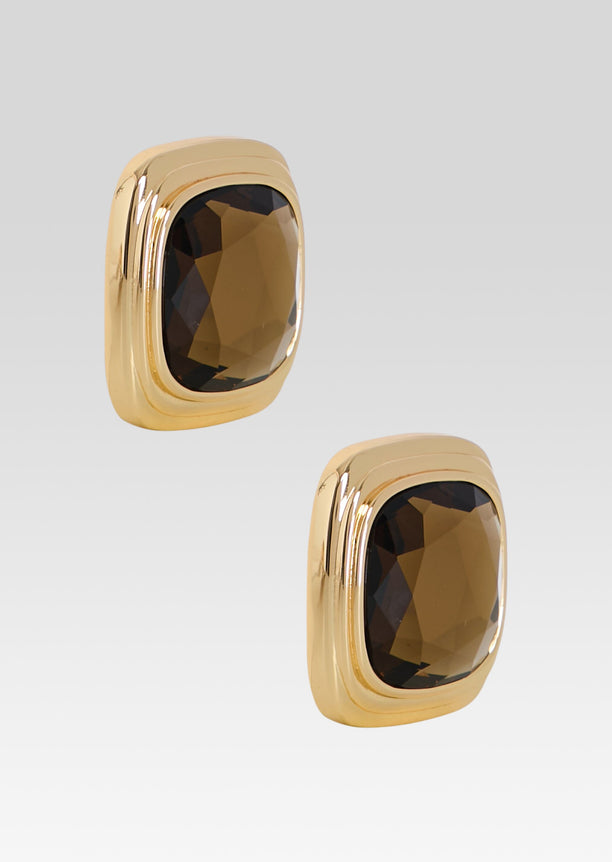 Gold-tone Clive earrings featuring large cushion-cut smoky quartz stones.
