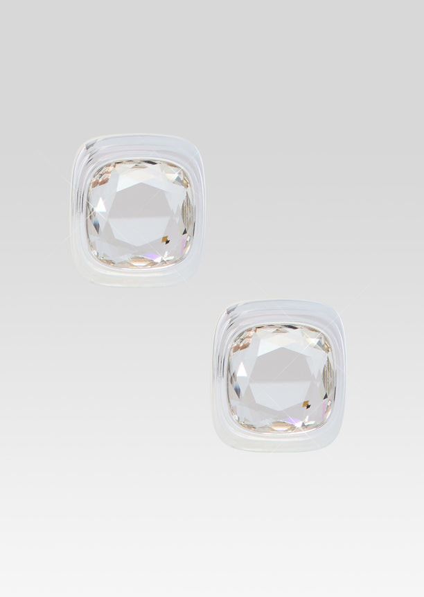 Clive Earring pair featuring square clear crystals set in silver frames