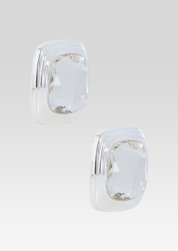 Back view of two square crystal Clive earrings with silver frames and posts