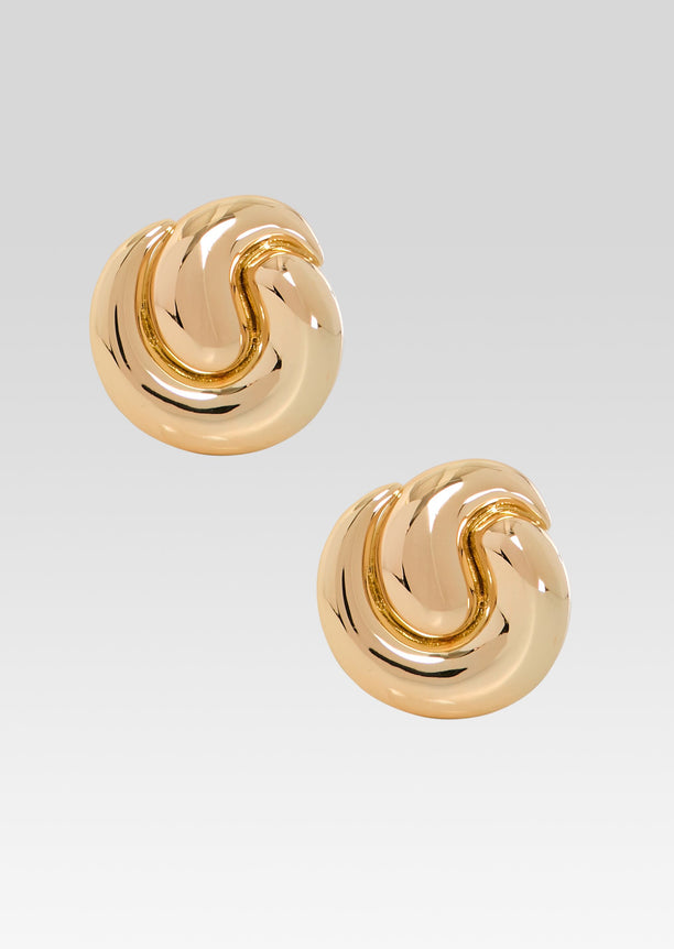 Gold knot stud earrings with a swirling circular design