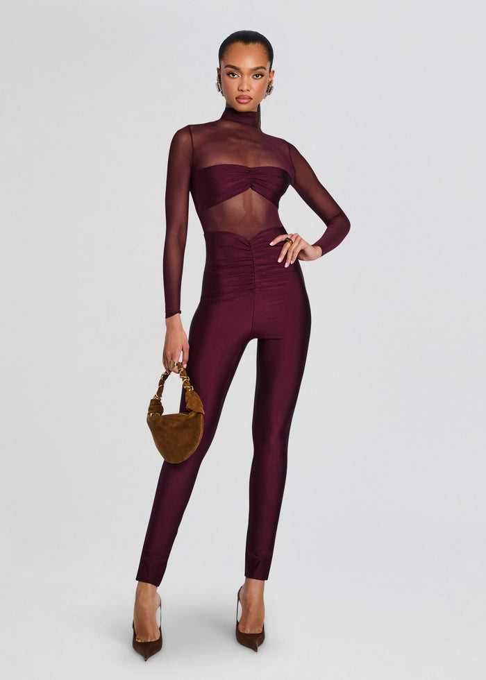 Front view of Brietta Bandeau Mesh Catsuit in burgundy with sheer mesh top, ruched waist, and a brown handbag. media 5 of 5