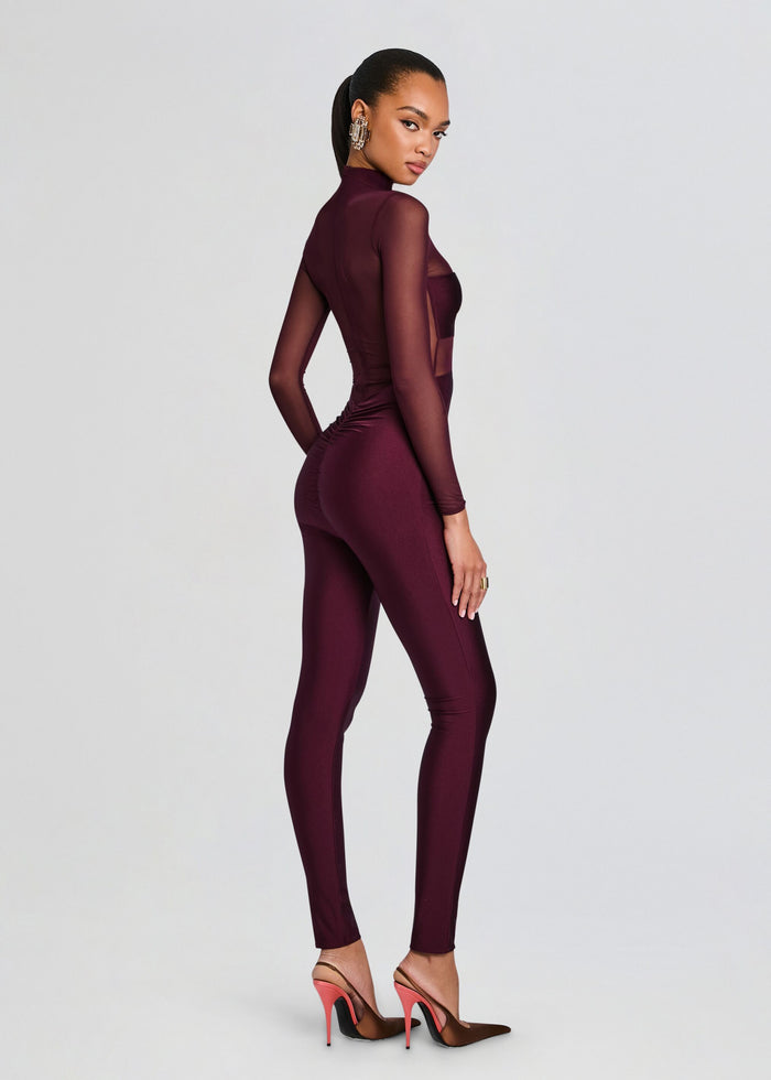 Back view of Brietta Bandeau Mesh Catsuit in burgundy, showing a fitted silhouette with sheer panels. media 4 of 5