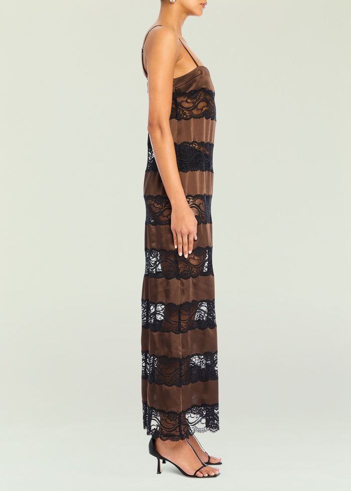 Side view of the brown satin Faye Dress with black lace stripes and thin straps media 3 of 5