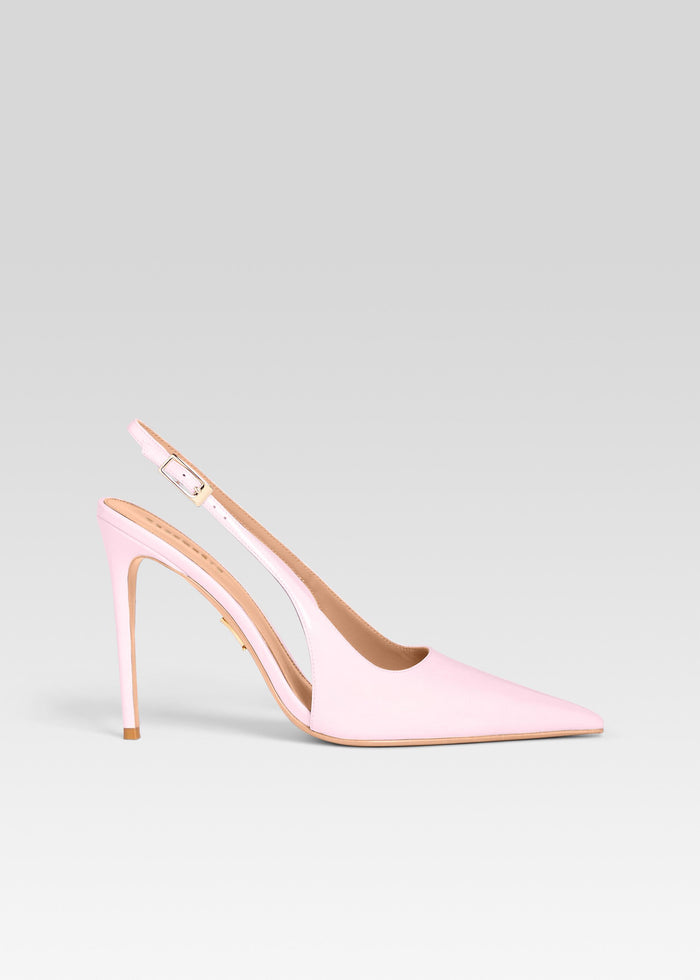 Pink slingback high heel with pointed toe and ankle strap on a neutral backdrop media 1 of 5
