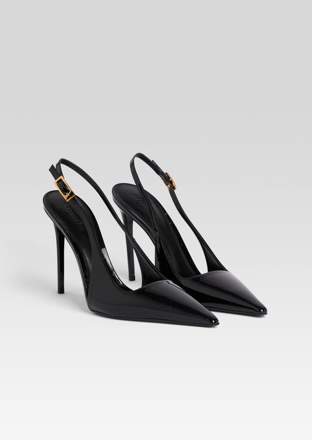 Gwyneth black patent slingback pumps with gold buckle accents and tall stiletto heels