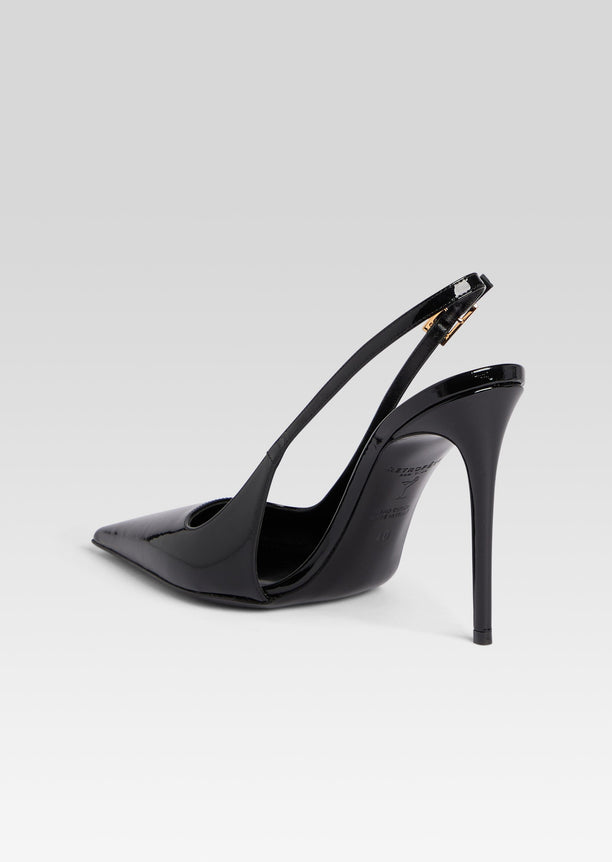 Gwyneth Leather Slingback black patent with pointed toe and slim ankle strap featuring a gold buckle