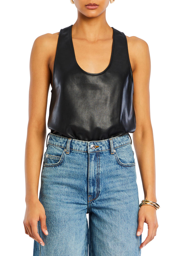 Nina Faux Leather Bodysuit black glossy sleeveless top with scoop neckline tucked into blue jeans media 1 of 5