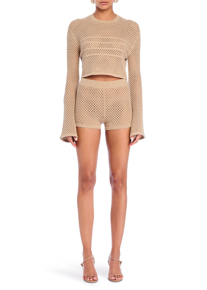 Beige crochet knit cropped top with long bell sleeves and matching high-waisted shorts media 5 of 5