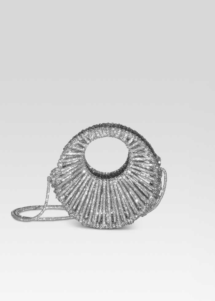 Jaya Mini Bag round silver beaded handbag with a circular opening and a chain strap. media 1 of 3