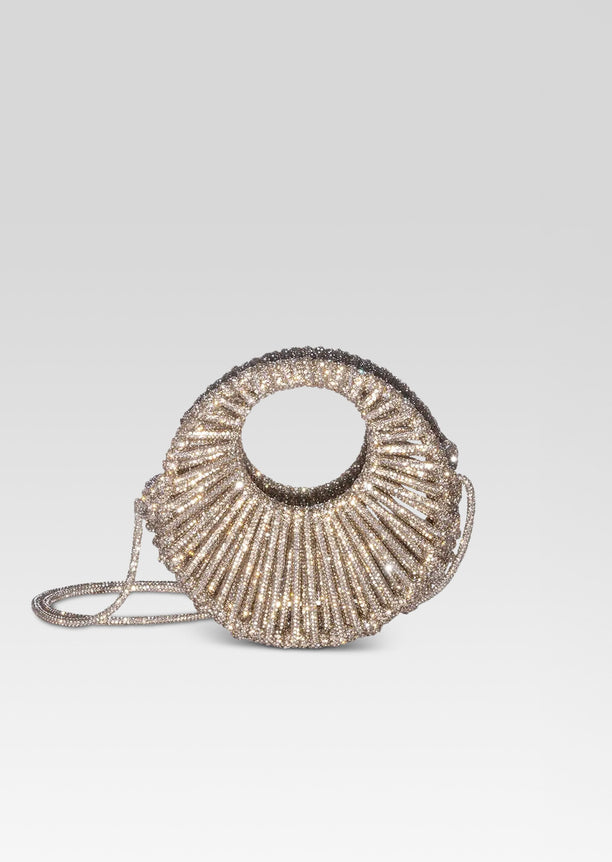 Jaya Mini Bag round crystal bead clutch with open center and silver chain